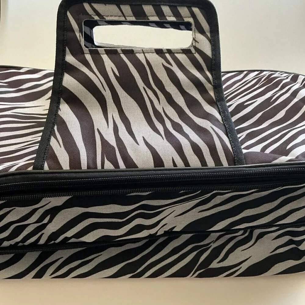 DOUBLE DECKER INSULATED FOOD AND BEVERAGE CARRY BAG ZEBRA PRINT PICNIC, TAILGATE